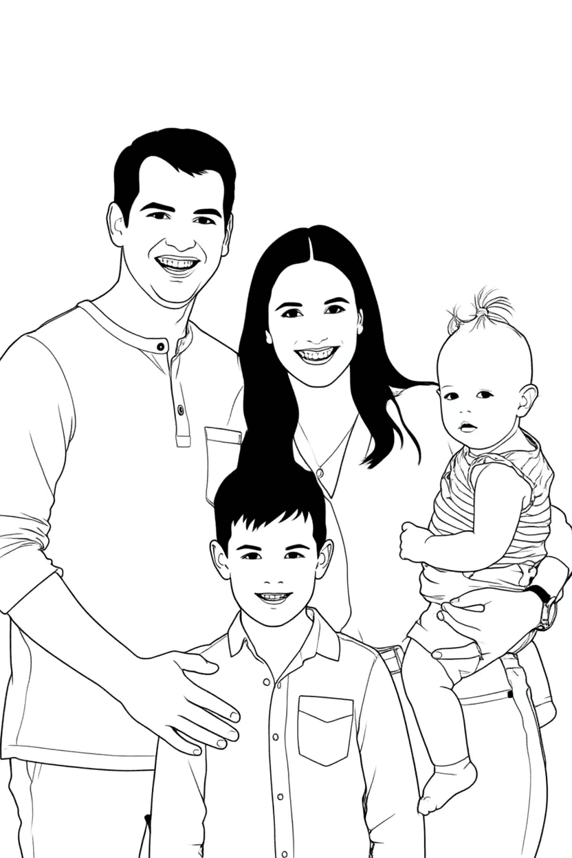 The same family photo as a clean coloring book line art page
